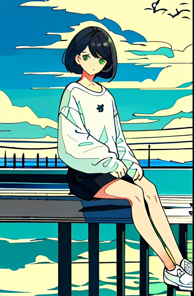 masterpiece, intricate detail,best quality, 1girl, solo, railing, cloud, sitting, outdoors, whale, short hair, shoes, sky, long sleeves, sneakers, power lines, white footwear, black hair, looking at viewer, utility pole, bangs, cloudy sky, fish, bird, green eyes, shorts, animal, day, black shirt, bare legs