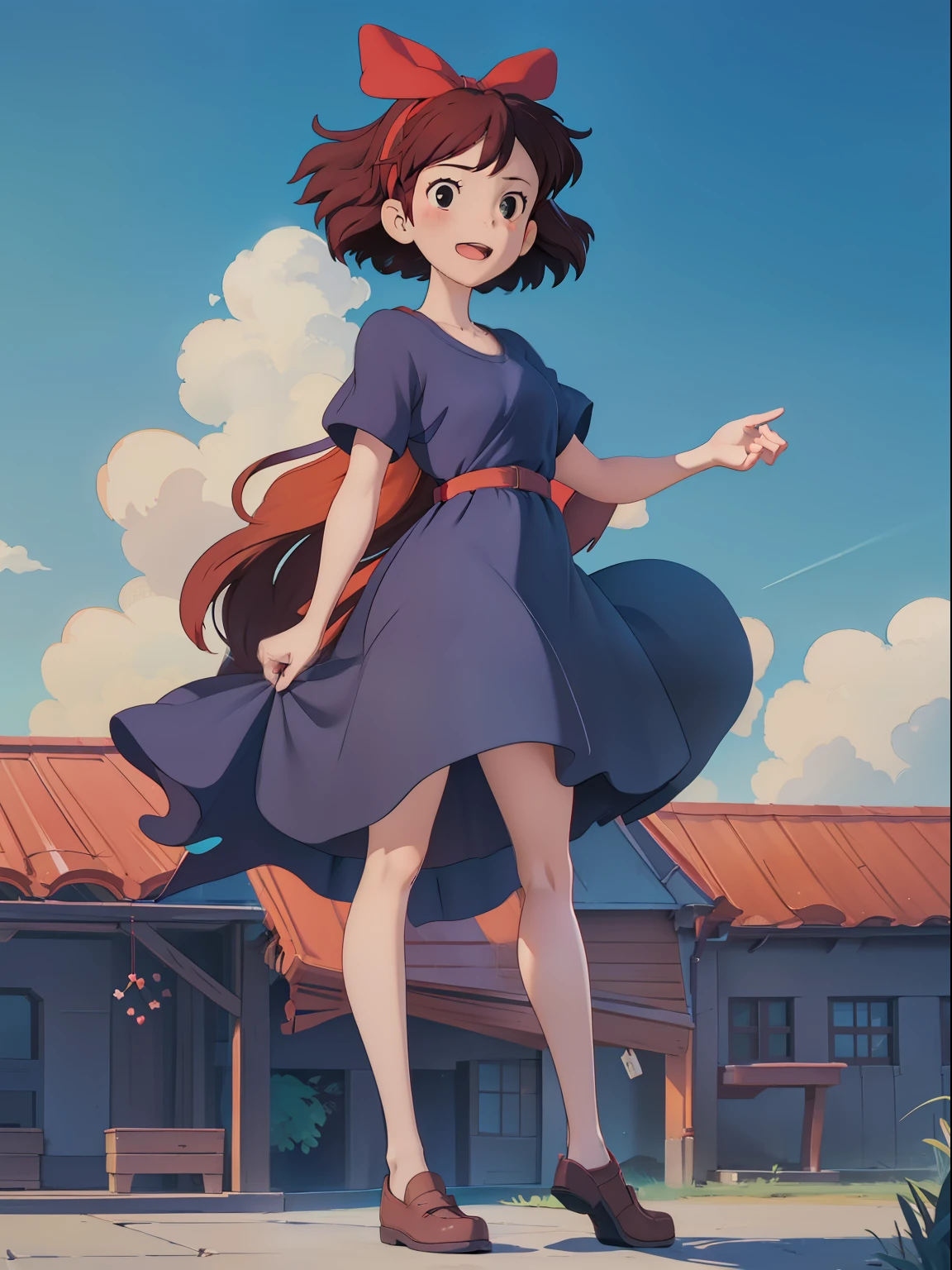 (masterpiece:1.2), (hig quality:1.2), 1girl, full body Kiki, happy, big red hairtie, dark blue short dress, high details, realistic, photography, white flat background, softfocus