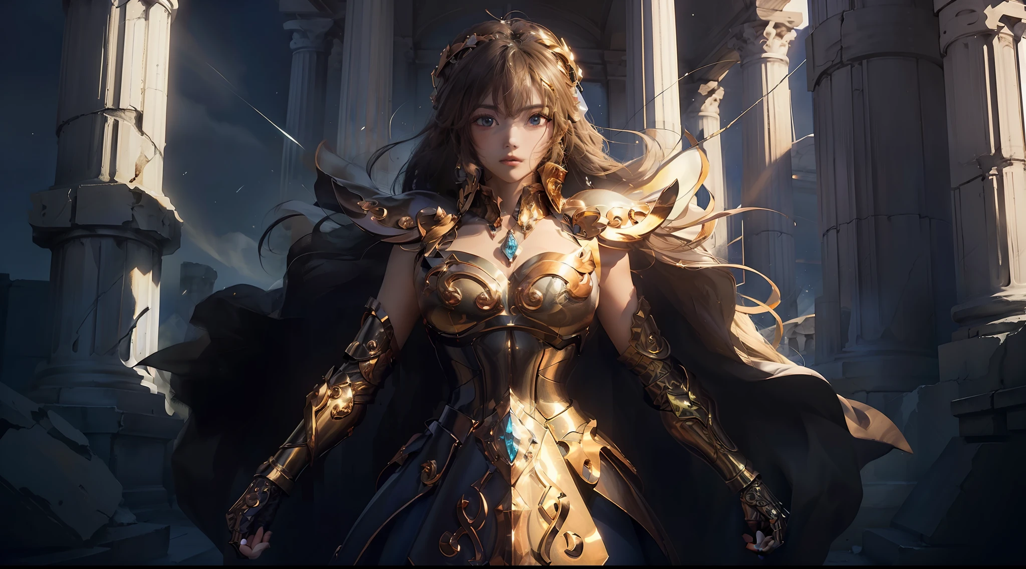 (Extremely detailed Cg Unity 8K wallpaper,Masterpiece, Best quality, Ultra-detailed, Beautiful detailed eyes:1.2),Best illumination, (Best shadow, An extremely delicate and beautiful, full bloom),
1girll,Solo,Large breasts，Heavy armor，complex patterns，Long hair,Film filter, Greek temple，dramatics，dynamicposes，illusory engine， (High detail: 1.9)，Starcloud，the night，torchan，half-body shots