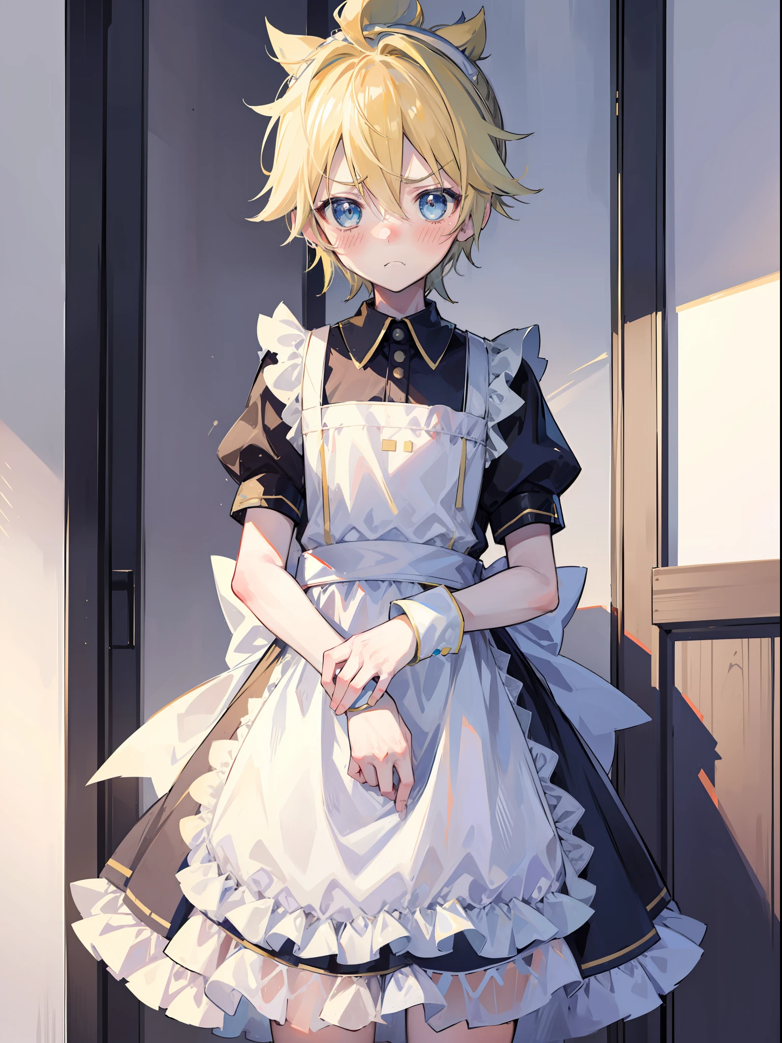 one boy, (Len_Kagamine), blue eyes, blond hair, pure, innocent, (blush), (maid costume), (cowlick hair), cool, (standing), (frown:1.2), (embarrassed:1.3), (boy focus), wear girls's clothes, cowboy shot