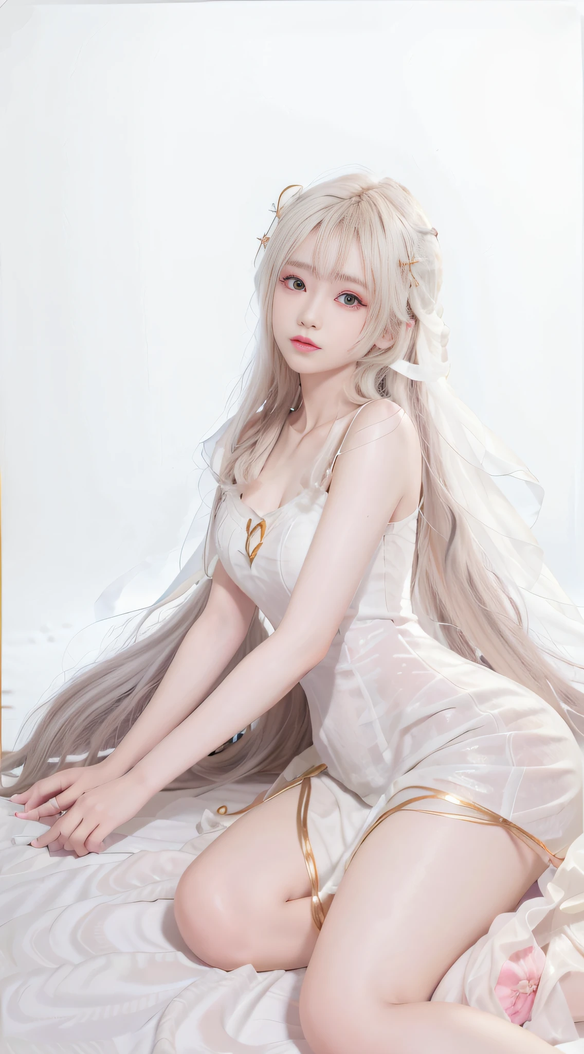 closeup on face, Face shot, (White dress :1.7), short  miko skirt, Long streamers, blonde hairs, golden hair, (Pointed ears: 1.5), (Gold pattern quality:1.3), female pubic hair, with long blond hair, Off-the-Shoulders, Top detail CG quality 4K wallpaper, Master, A Masterpiece, portraits, The middle, Watch the footage, Beautiful Chinese-Korean mixed race idol, ((Super fine face, detailed description of facial features)), Lip biting makeup, Sweet smile, Perfect facial features, Model figure, Good complexion, the trees, branches, Golden meadow, stream, Golden leaves, Evening, Twilight, The setting sun, Twilight, autumn, twin braids, hair strand, diagonal bangs, hair ribbon, hair ornament, forehead jewel, jeweled branch of hourai, crescent hair ornament, fish hair ornament, hime cut, low ponytail, realism, god rays, sparkle, cinematic lighting, lens flare, UHD, high details, high quality, highres, best quality, 8k, 16k, high details, high quality, super detail, anatomically correct, masterpiece, ccurate
