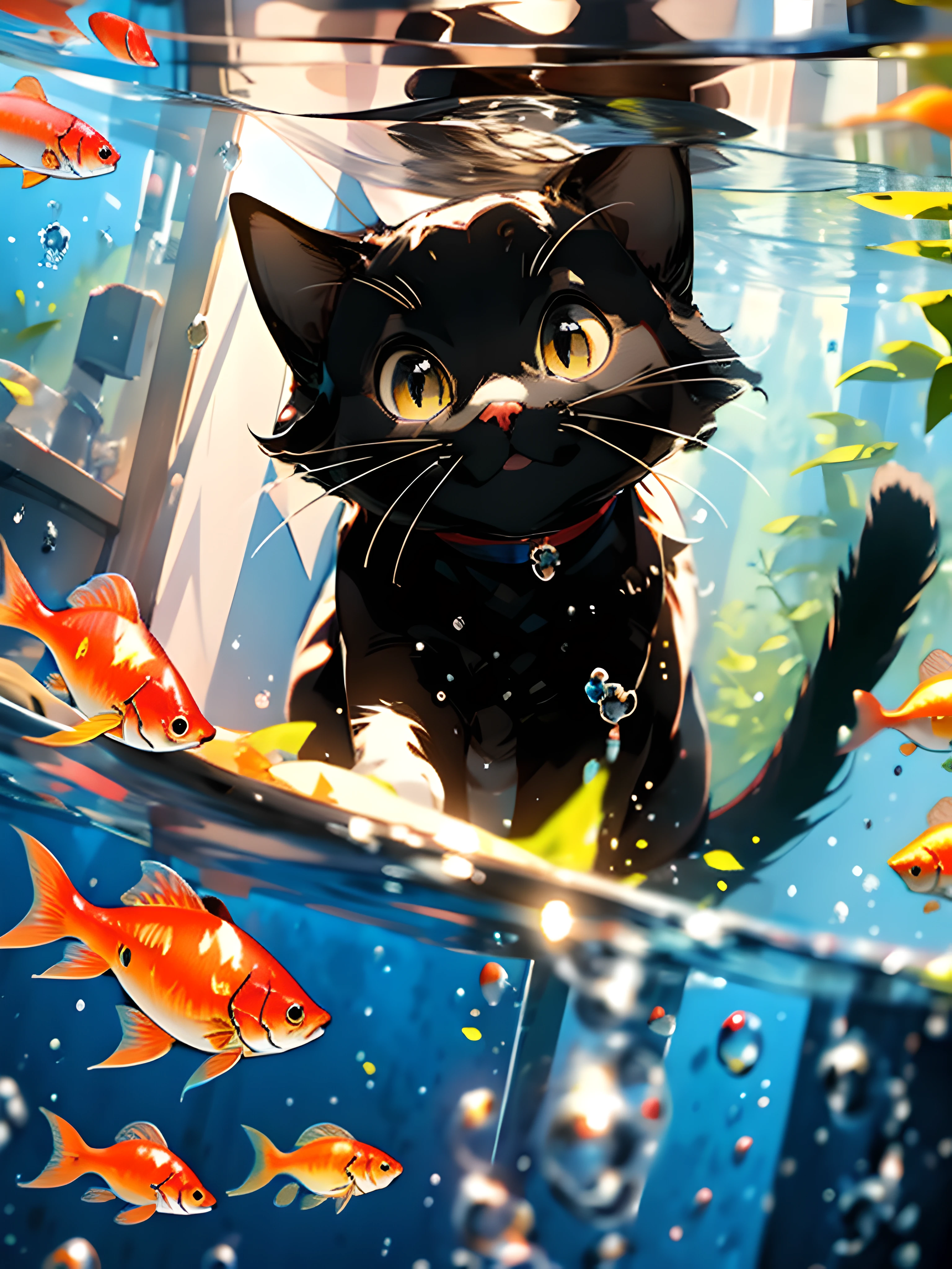 cat,MG mao,Exquisite visuals,high-definition,masterpieces,no humans,fish,animal focus,whiskers,animal,bubble,water,goldfish,yellow eyes,blacknose,air bubble,underwater,HD,Tindal,