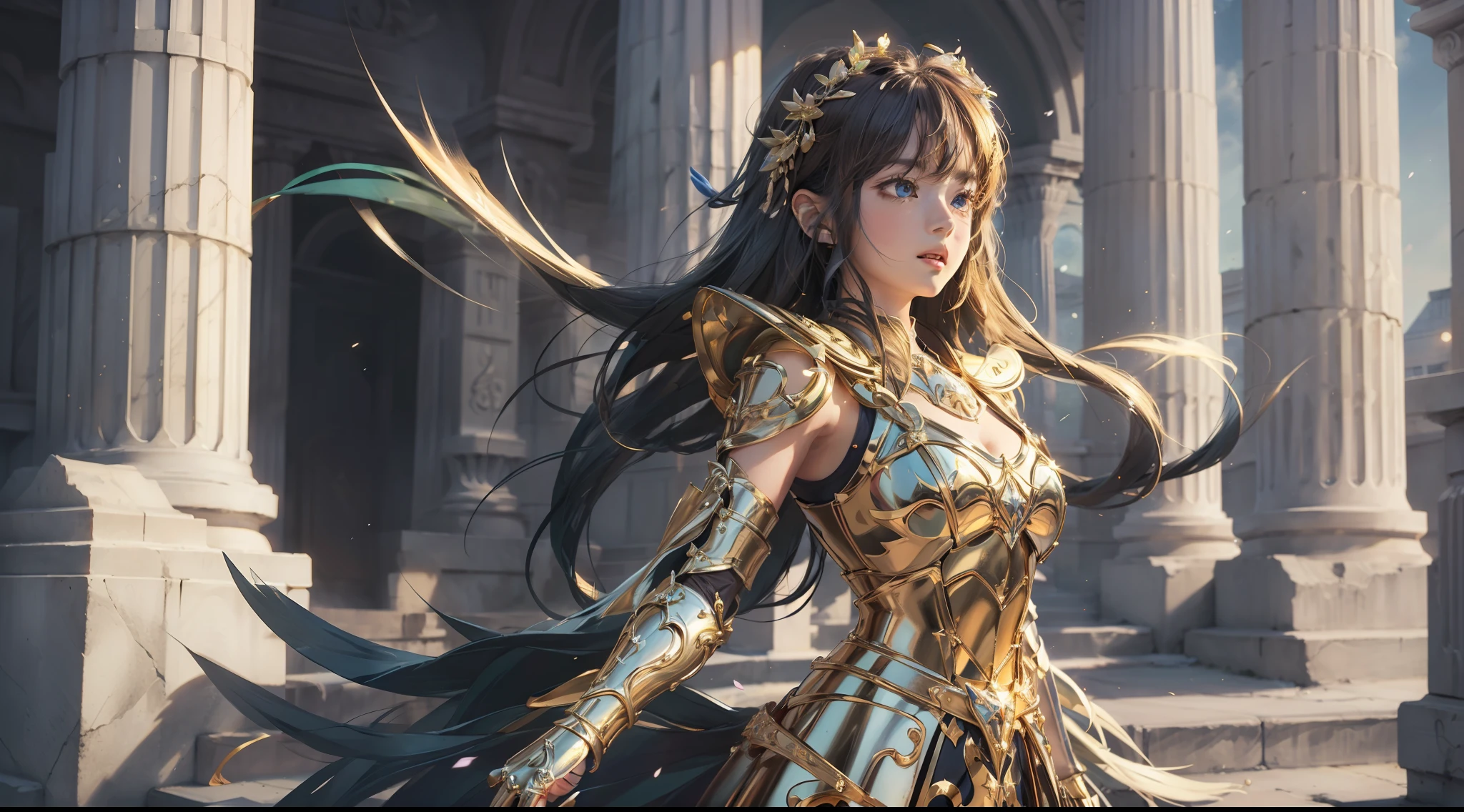 (Extremely detailed Cg Unity 8K wallpaper,Masterpiece, Best quality, Ultra-detailed, Beautiful detailed eyes:1.2),Best illumination, (Best shadow, An extremely delicate and beautiful, full bloom), 1girll,Solo,Large breasts，Heavy armor，complex patterns，Long hair,Film filter, Greek temple，dramatics，dynamicposes，illusory engine， (High detail: 1.9)，Starcloud，the night，torchan，full body shot shot，dynamicposes，dramatics
