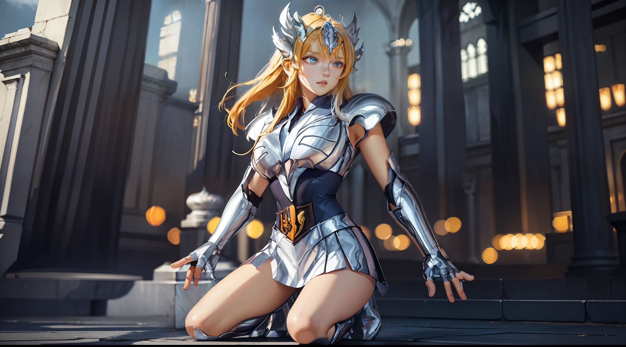 (Extremely detailed Cg Unity 8K wallpaper,Masterpiece, Best quality, Ultra-detailed, Beautiful detailed eyes:1.2),Best illumination, (Best shadow, An extremely delicate and beautiful, full bloom), 1girll,Solo,Large breasts，Heavy armor，complex patterns，Long hair,Film filter, Greek temple，dramatics，dynamicposes，illusory engine， (High detail: 1.9)，Starcloud，the night，torchan，full body shot shot，dynamicposes，dramatics