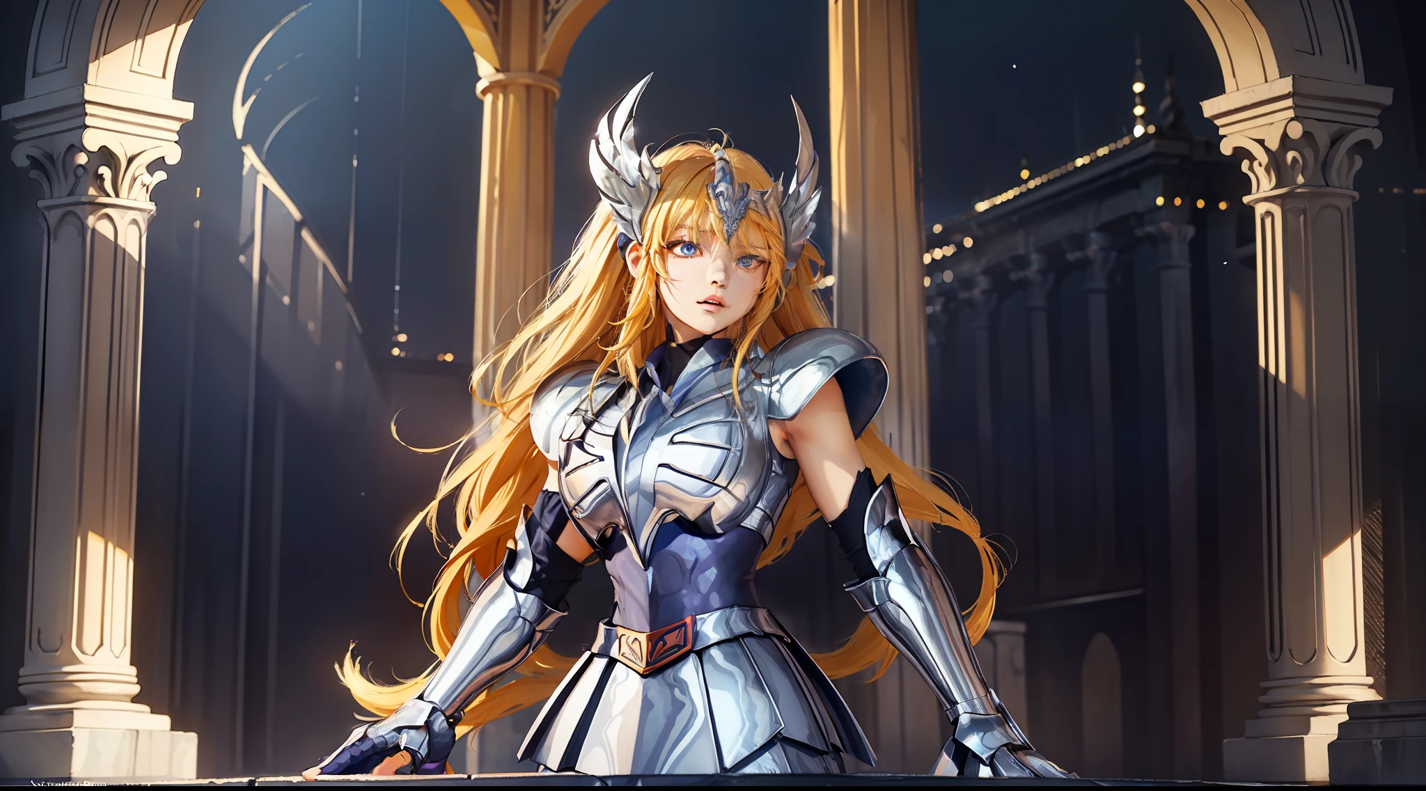 (Extremely detailed Cg Unity 8K wallpaper,Masterpiece, Best quality, Ultra-detailed, Beautiful detailed eyes:1.2),Best illumination, (Best shadow, An extremely delicate and beautiful, full bloom), 1girll,Solo,Large breasts，Heavy armor，complex patterns，Long hair,Film filter, Greek temple，dramatics，dynamicposes，illusory engine， (High detail: 1.9)，Starcloud，the night，torchan，full body shot shot，dynamicposes，dramatics