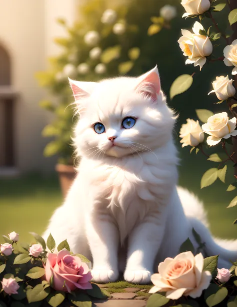 Masterpiece, fluffy white persian kitten sitting next to roses, hyper detailed, high-res photograph, opulent, bokeh, light bloom