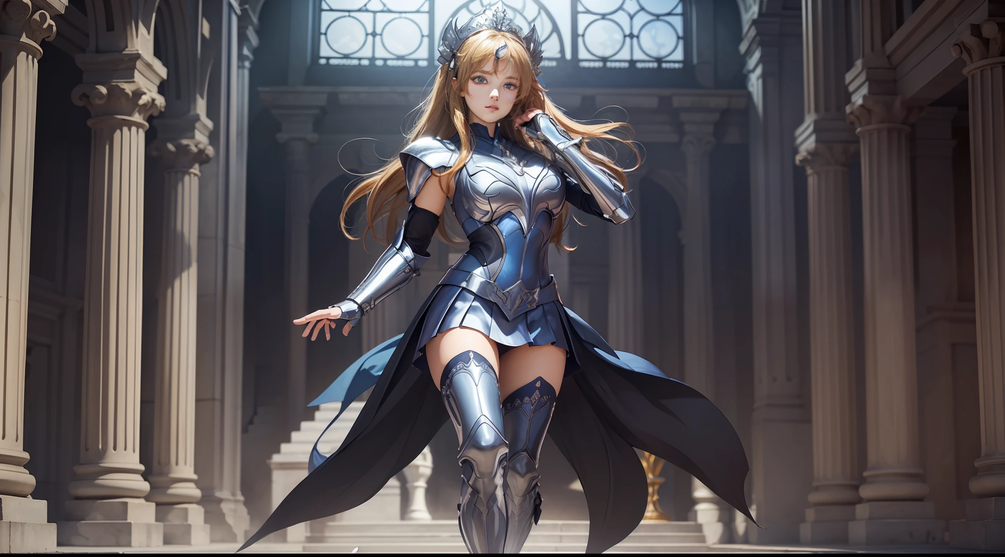 (Extremely detailed Cg Unity 8K wallpaper,Masterpiece, Best quality, Ultra-detailed, Beautiful detailed eyes:1.2),Best illumination, (Best shadow, An extremely delicate and beautiful, full bloom), 1girll,Solo,Large breasts，Heavy armor，complex patterns，Long hair,Film filter, Greek temple，dramatics，dynamicposes，illusory engine， (High detail: 1.9)，Starcloud，the night，torchan，full body shot shot，dynamicposes，dramatics