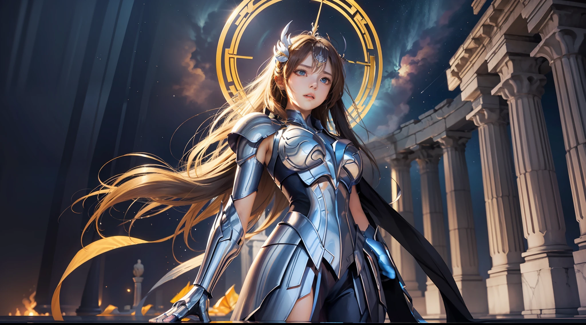 (Extremely detailed Cg Unity 8K wallpaper,Masterpiece, Best quality, Ultra-detailed, Beautiful detailed eyes:1.2),Best illumination, (Best shadow, An extremely delicate and beautiful, full bloom), 1girll,Solo,Large breasts，Heavy armor，complex patterns，Long hair,Film filter, Greek temple，dramatics，dynamicposes，illusory engine， (High detail: 1.9)，Starcloud，the night，torchan，full body shot shot，dynamicposes，dramatics