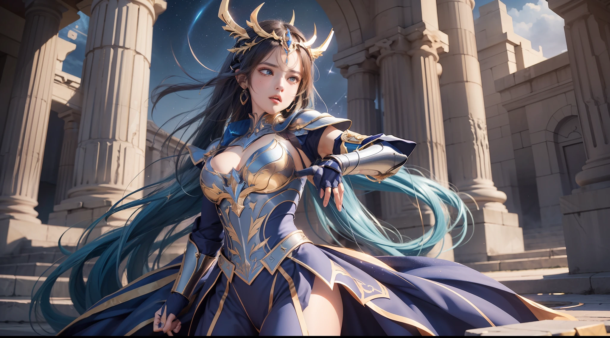 (Extremely detailed Cg Unity 8K wallpaper,Masterpiece, Best quality, Ultra-detailed, Beautiful detailed eyes:1.2),Best illumination, (Best shadow, An extremely delicate and beautiful, full bloom), 1girll,Solo,Large breasts，Heavy armor，complex patterns，Long hair,Film filter, Greek temple，dramatics，dynamicposes，illusory engine， (High detail: 1.9)，Starcloud，the night，torchan，full body shot shot，dynamicposes，dramatics