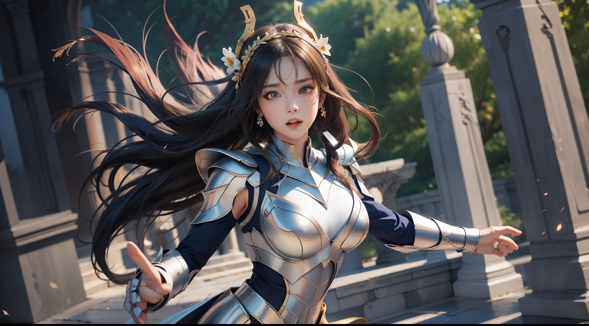 (Extremely detailed Cg Unity 8K wallpaper,Masterpiece, Best quality, Ultra-detailed, Beautiful detailed eyes:1.2),Best illumination, (Best shadow, An extremely delicate and beautiful, full bloom), 1girll,Solo,Large breasts，Heavy armor，complex patterns，Long hair,Film filter, Greek temple，dramatics，dynamicposes，illusory engine， (High detail: 1.9)，Starcloud，the night，torchan，full body shot shot，dynamicposes，dramatics