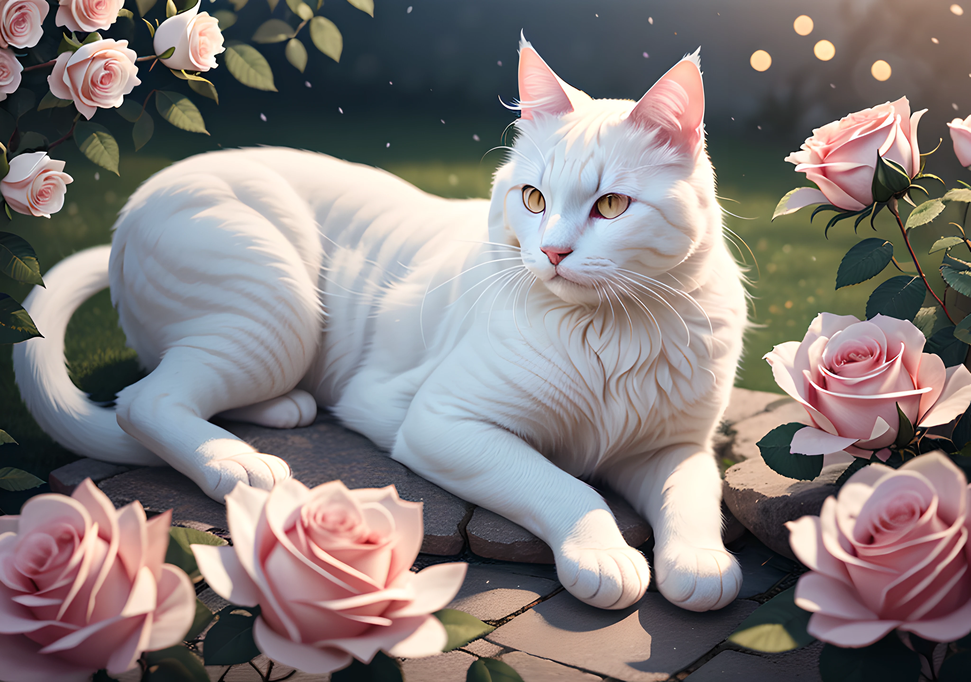 تحفة فنية مفصلة بشكل مذهل تصور قطة بيضاء رقيق واقعية وسط مشهد هادئ من الورود المتفتحة, معززة بزهرة خفيفة رقيقة, خوخه, والتأثيرات الرائعة لـ Ray Tracing