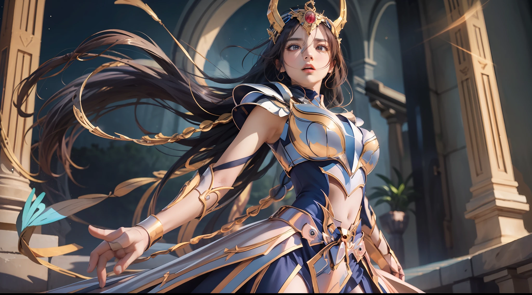 (Extremely detailed Cg Unity 8K wallpaper,Masterpiece, Best quality, Ultra-detailed, Beautiful detailed eyes:1.2),Best illumination, (Best shadow, An extremely delicate and beautiful, full bloom), 1girll,Solo,Large breasts，Heavy armor，complex patterns，Long hair,Film filter, Greek temple，dramatics，dynamicposes，illusory engine， (High detail: 1.9)，Starcloud，the night，torchan，full body shot shot，dynamicposes，dramatics