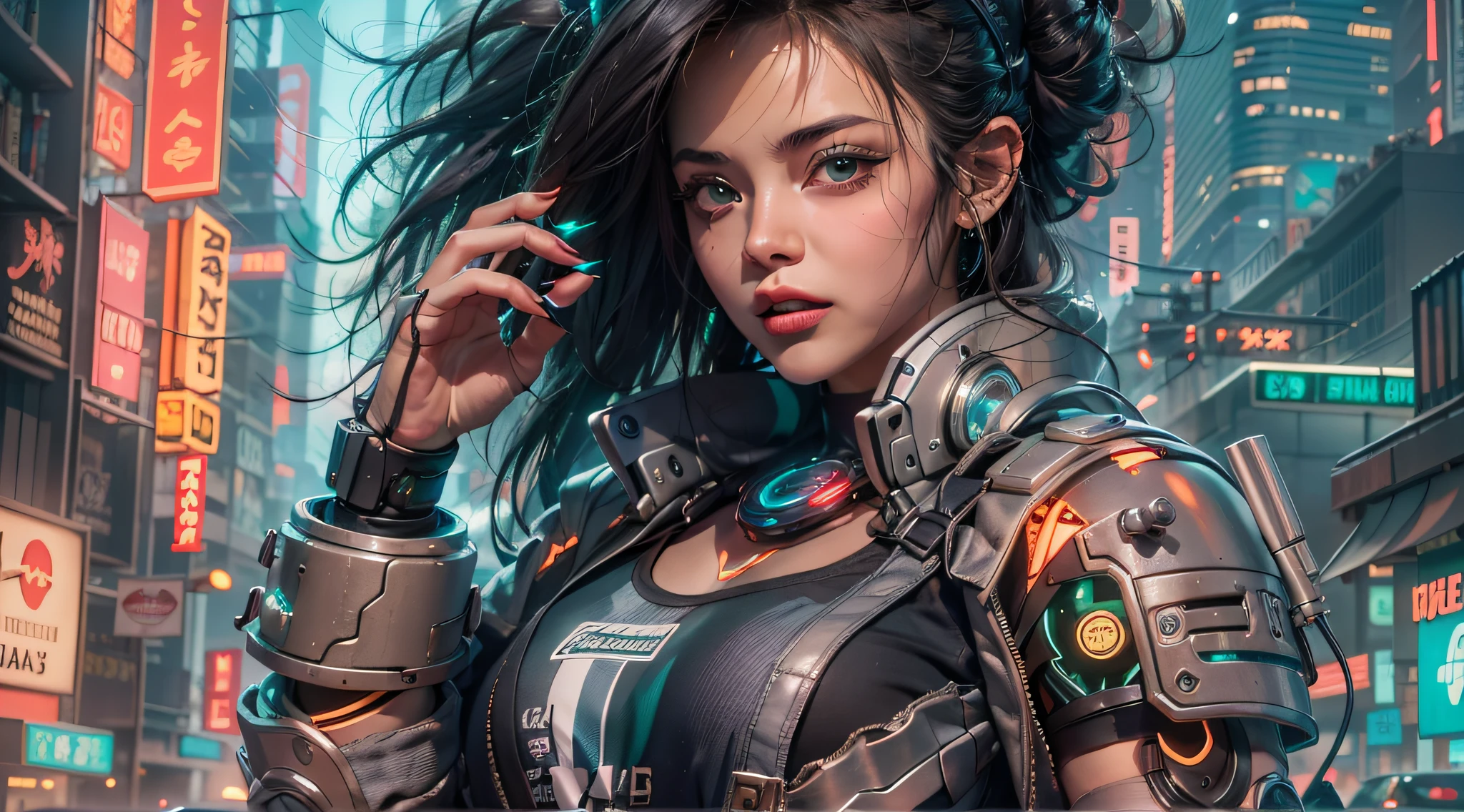 [imagem realista super detalhada], [obra-prima], Uma garota cyberpunk com cabelo rosa curto e espetado, bright green eyes and a circuit tattoo on the neck. Ela usa um casaco de couro preto com detalhes em neon, uma blusa branca rasgada, a pair of grey jeans and black boots. She has a bionic arm with metal claws and a neural interface implant in her right temple. She holds a laser pistol in her left hand and a holographic device in her right hand. She's on a busy street in a futuristic city, surrounded by tall buildings, Tecidos gigantes, carros voadores e pessoas de diferentes estilos e etnias. She has a confident and defiant expression, como se estivesse pronta para enfrentar qualquer perigo.