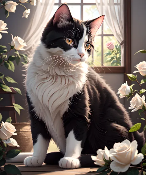 a stunningly detailed masterpiece depicting a realistic black and white cat with a cute black nose and beautiful white whiskers amidst a peaceful scene of blooming roses, enhanced by delicate light bloom, bokeh, and the mesmerizing effects of Ray Tracing