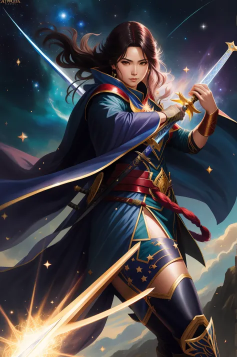 Anime character with sword and cape holding a sword in front of a starry sky, Preto - Mago Cabelo, Retrato de um mago feminino, ...