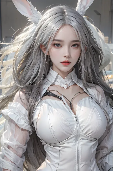 photorealistic, high resolution, 1women, solo, hips up, look at viewer, (detailed face), white hair, long hair, reverse bunnysui...