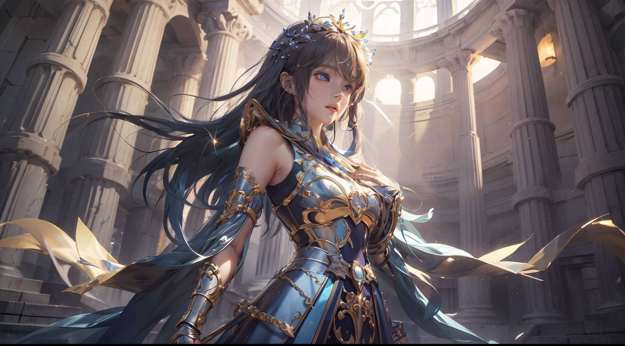 (Extremely detailed Cg Unity 8K wallpaper,Masterpiece, Best quality, Ultra-detailed, Beautiful detailed eyes:1.2),Best illumination, (Best shadow, An extremely delicate and beautiful, full bloom), 1girll,Solo,Large breasts，Heavy armor，complex patterns，Long hair,Film filter, Greek temple，dramatics，dynamicposes，illusory engine， (High detail: 1.9)，Starcloud，the night，torchan，full body shot shot，dynamicposes，dramatics