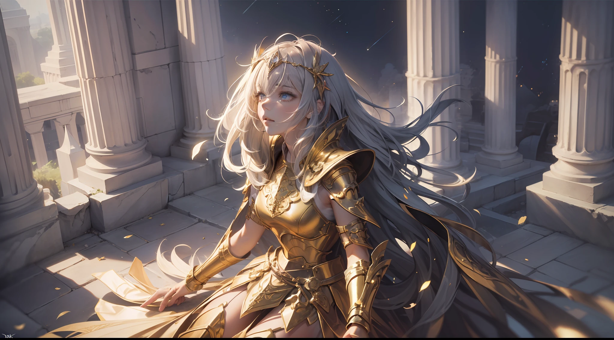 (Extremely detailed Cg Unity 8K wallpaper,Masterpiece, Best quality, Ultra-detailed, Beautiful detailed eyes:1.2),Best illumination, (Best shadow, An extremely delicate and beautiful, full bloom), 1girll,Solo,Large breasts，Heavy armor，complex patterns，Long hair,Film filter, Greek temple，dramatics，dynamicposes，illusory engine， (High detail: 1.9)，Starcloud，the night，torchan，full body shot shot，dynamicposes，dramatics