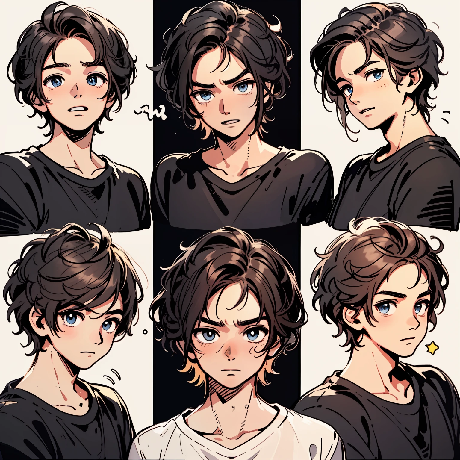 Draw 9 grid images of handsome adult male black strokes。There are 9 poses and facial expressions.、Express different emotions。He is a man with a white T-shirt and very short hair。

（translation: Handsome adult male black stroke 9 grid illustration. Requires 9 different poses and facial expressions, Depict different emotions. Men are wearing white T-shirts、hair should be very short.）
