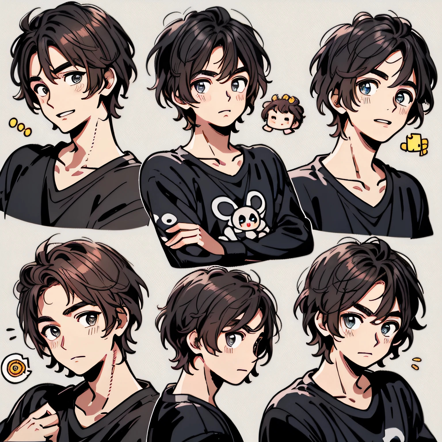 1 Handsome adult male、9 grids、9 emoji packs、9 poses and expressions、White T-shirt、Disney  style、Black strokes、various emotions、8K,Very short hair