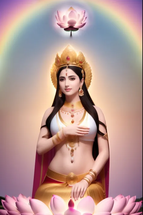 there is a beautiful goddess standing on a large lotus flower in the void，perfect body posture，（long curved eyebrows），beautiful ...