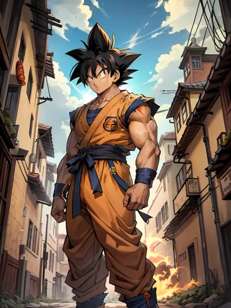 dragon ball goku on a street with buildings and a sky background, goku humano, retrato altamente detalhado de goku, retrato de g...