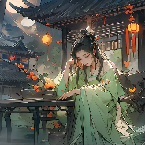 offcial art、ancient china、a woman sits in the corner，chinese ancient architecture，ancient chinese streets，（lots of fireflies）、wh...