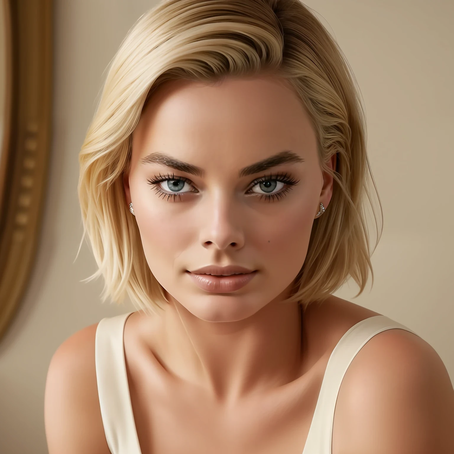 Margot Robbie, nude, beautiful tits, eyebrows up, close up beautiful eyes, dreamy eyes, looking down, short hair