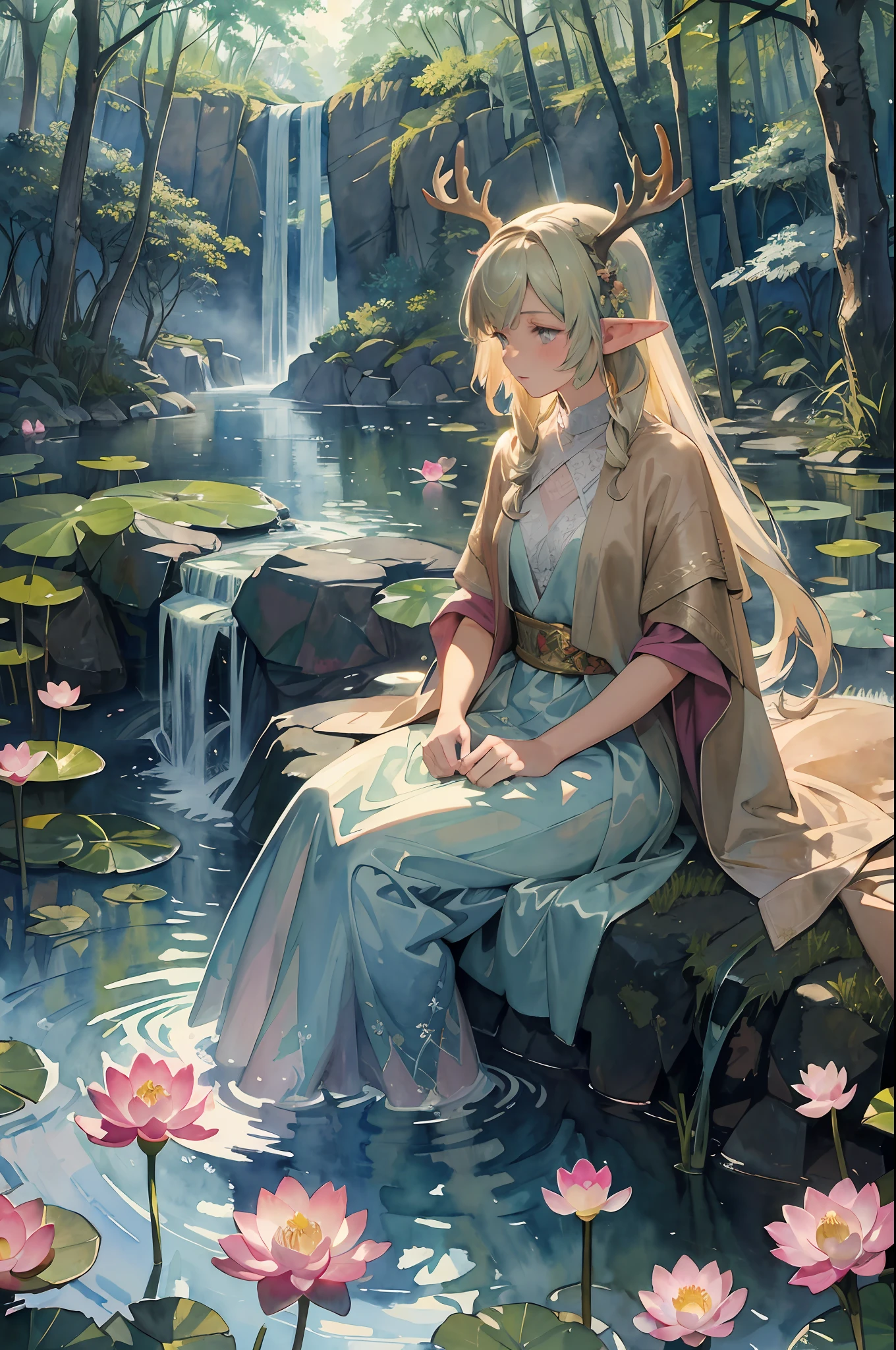 (masterpiece, top quality, best quality,watercolor (medium),official art, beautiful and aesthetic:1.2),1girl, elf, misty forest, sitting, in water, waterfall, deer antlers, lotus, looking away, blurry foreground, sunlight, bokeh,