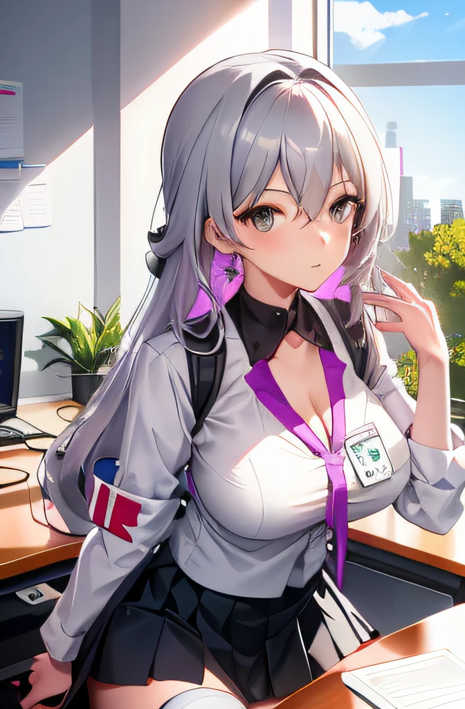 Bronya, 1girl, solo, ((white shirt)), black thighhighs, breasts, cleavage, uniform, office background, black skirt, pleated skirt, office, hair between eyes, purple earring, large breasts, long hair, looking at viewer, silver short nails, grey eyes, solo, thighhighs, thighs, very long hair, ((masterpiece)), sitting, chair, desk, computer on desk, name tag, id tag, indoor, blush, sexy pose, hands behind,