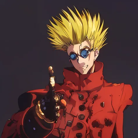 ((1man)), (vash stampede), yellow hair, blue eyes, (long red coat), black trousers, yellow eyewear, circle eyewear, standing, po...