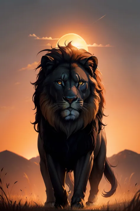 black lion, A majestic and regal lion, its golden mane flowing in the wind as it prowls through the tall grass of the savannah. In the distance, the setting sun paints the sky in shades of fiery orange and deep purple, casting a warm and welcoming glow acr...