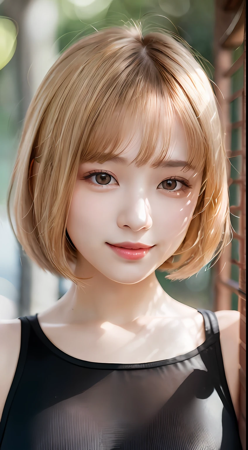 8K, best quality, masterpiece, professional lighting:1.2), face, 1 young girl, ((flat chest)), (((((beautiful face))))), smile, (((detailed hair))),Bright blonde hair, bob cut, sunlight at park,