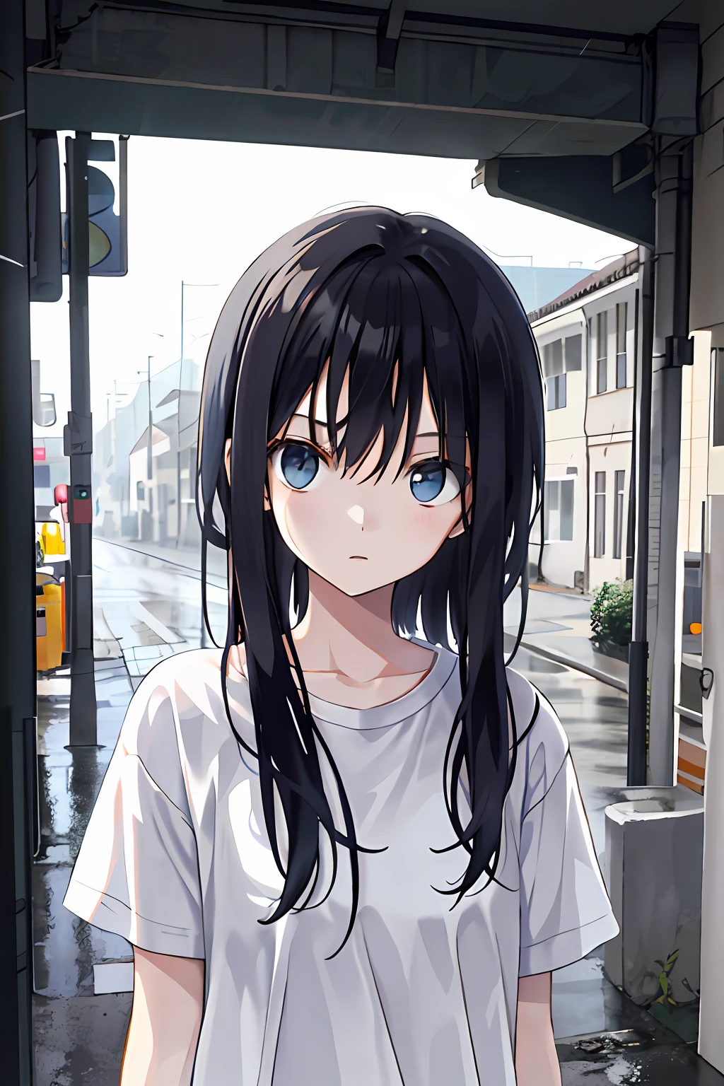 teens girl，clever，White T-shirt，The look sad，Wandering eyes，low head，little bit of raining，Younger sister，Brainwashed
