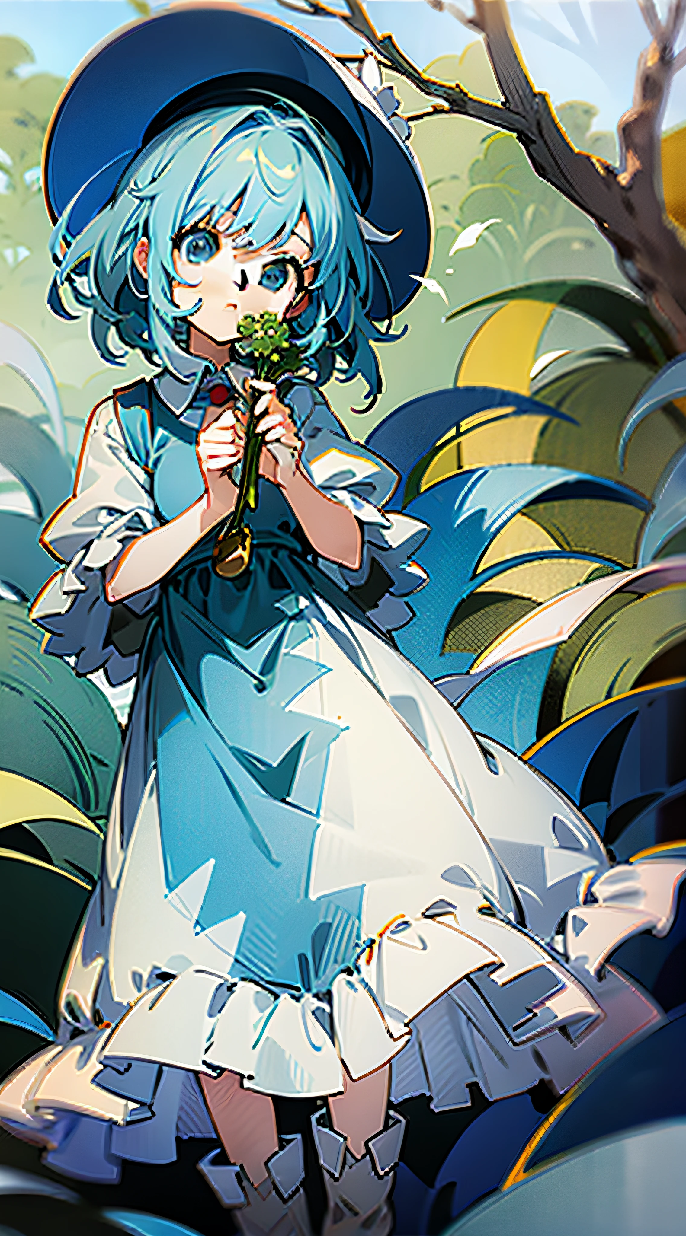 With a height of 110cm, she is dressed in a white clean dress, boots, blue hair, and the image of an innocent and cute young girl.