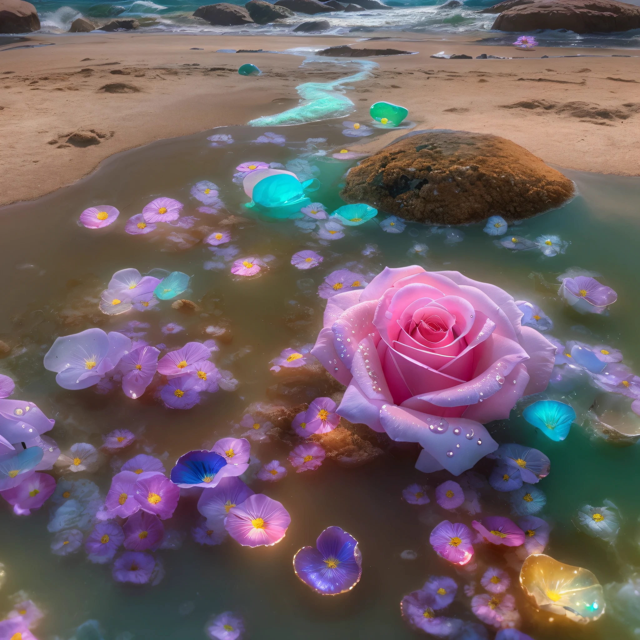 gorgeous beach, fantasy inside, roses, steam, sunrays, masterpiece, best quality, ultra high res, RAW, beautiful beach view, Mirleft, splashing rainbows, waves crashing, sand, foam, opalescent, (Photoluminescence water), bioluminescence, opal gems, agates, ((floating flowers)), clear, Cinematic RAW photo, hyper real photo, ultrarealistic, 8k uhd, dslr, soft lighting, high quality, film grain, Fujifilm XT3, photographed on a Kodak Retina II Sanyo Xacti VPC-CA6, 50mm lens, Wide Angle, HDR, hyper-realistic, colorgraded, volumetric lighting, [volumetric fog, moist], shallow depth of field, reflections, photo, (sparkling), glistening, (iridescent), glimmering, clear, shimmering, mystical, enchanting, glittering, Morocco, exotic, (masterpiece) (best quality) (detailed) (8k) (HDR) (wallpaper) (cinematic lighting) (sharp focus) (intricate), romantic,