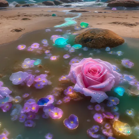 gorgeous beach, fantasy inside, roses, steam, sunrays, masterpiece, best quality, ultra high res, raw, beautiful beach view, mir...