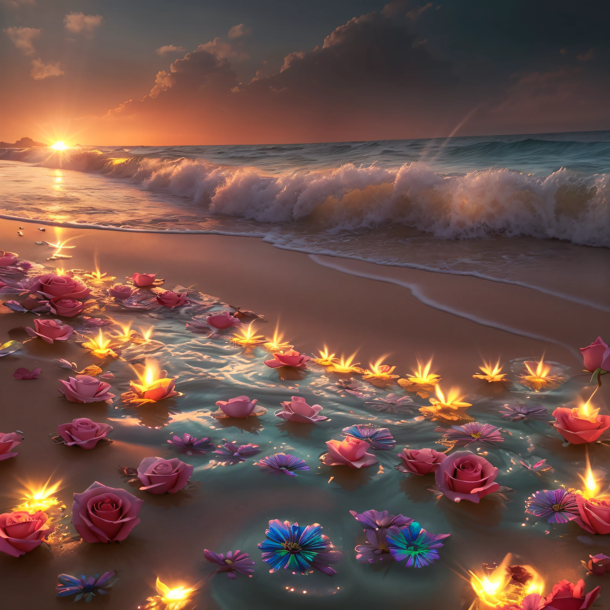 campfire on beach, fantasy inside, roses, steam, sunrays, masterpiece, best quality, ultra high res, RAW, beautiful beach view, Mirleft, natural bridge, splashing rainbows, waves crashing, sand, foam, opalescent, (Photoluminescence water), gems, ((floating flowers)), clear, Cinematic RAW photo, hyper real photo, ultrarealistic, 8k uhd, dslr, soft lighting, high quality, film grain, Fujifilm XT3, photographed on a Kodak Retina II Sanyo Xacti VPC-CA6, 50mm lens, Wide Angle, HDR, hyper-realistic, colorgraded, volumetric lighting, [volumetric fog, moist], shallow depth of field, reflections, photo, (sparkling), glistening, (iridescent), glimmering, clear, shimmering, mystical, enchanting, glittering, Morocco, exotic, (masterpiece) (best quality) (detailed) (8k) (HDR) (wallpaper) (cinematic lighting) (sharp focus) (intricate), romantic,