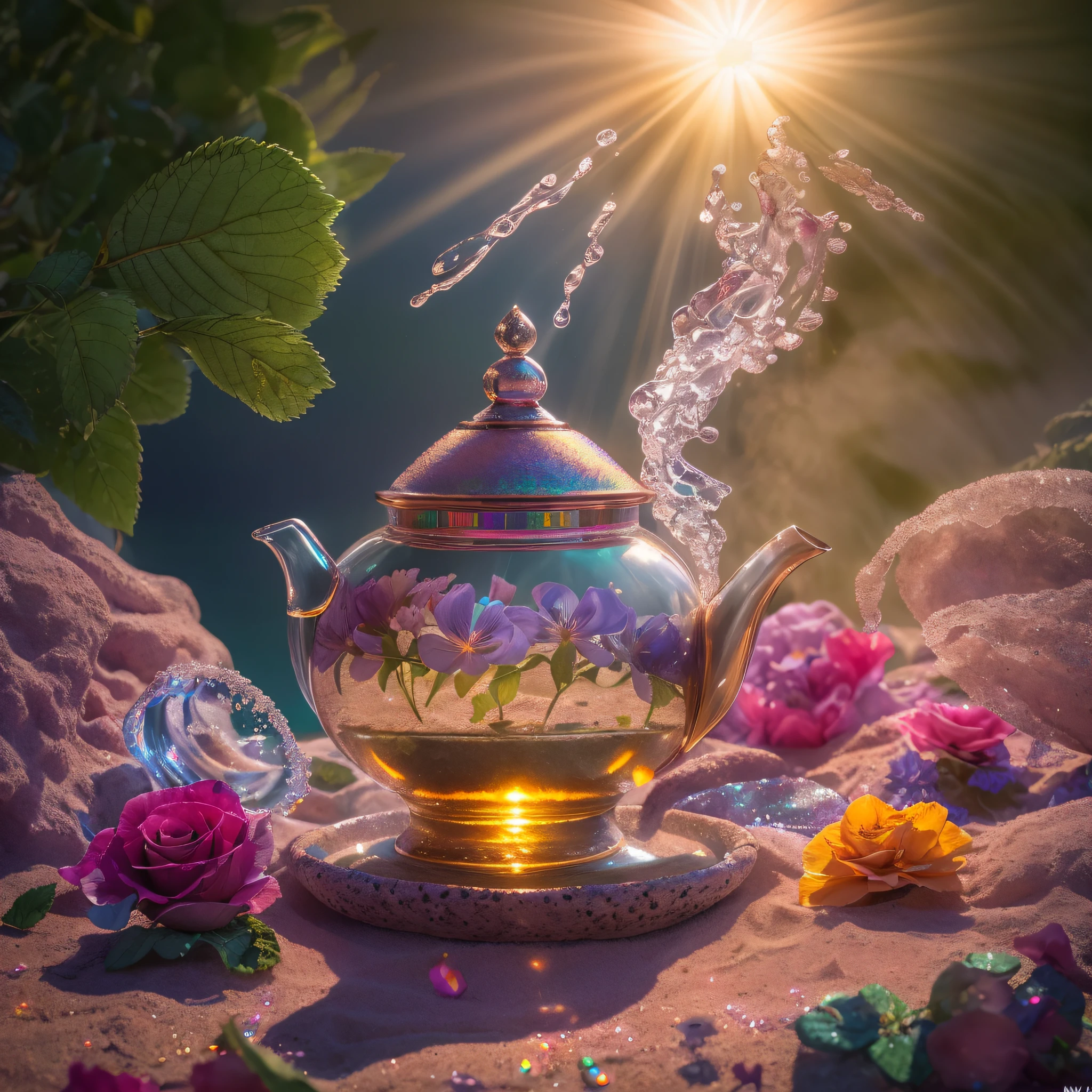 crystalized Moroccan tea pot small fire heating it, fantasy inside, mint leaves, roses, hot tea, steam, sunrays, masterpiece, best quality, ultra high res, RAW, beautiful beach view, Mirleft, splashing rainbows, waves crashing, sand, foam, opalescent, (Photoluminescence water), gems, ((floating flowers)), clear, Cinematic RAW photo, hyper real photo, ultrarealistic, 8k uhd, dslr, soft lighting, high quality, film grain, Fujifilm XT3, photographed on a Kodak Retina II Sanyo Xacti VPC-CA6, 50mm lens, Wide Angle, HDR, hyper-realistic, colorgraded, volumetric lighting, [volumetric fog, moist], shallow depth of field, reflections, photo, (sparkling), glistening, (iridescent), glimmering, clear, shimmering, mystical, enchanting, glittering, Morocco, exotic, (masterpiece) (best quality) (detailed) (8k) (HDR) (wallpaper) (cinematic lighting) (sharp focus) (intricate), romantic,