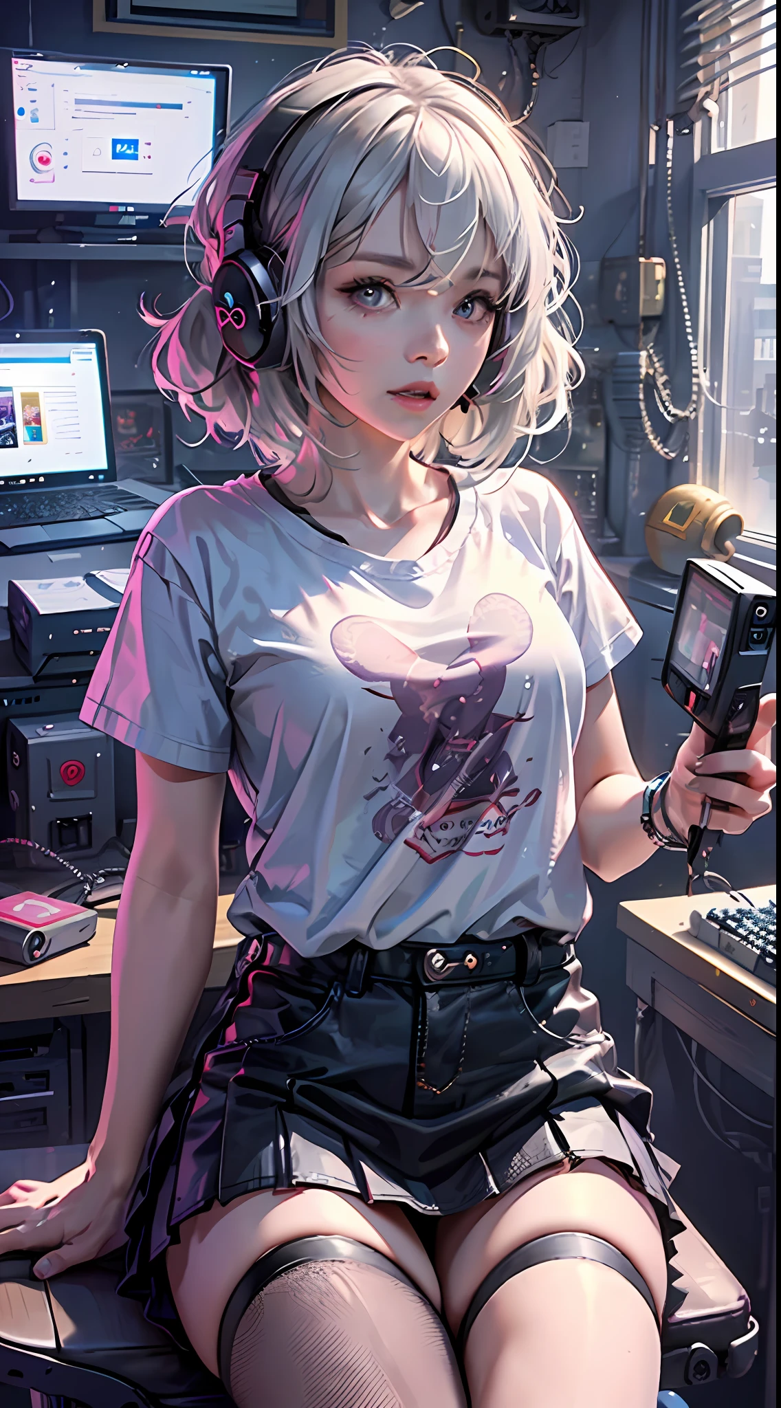 A girl playing with computer in study, white hair, tech-style, pink, purple, blue, monitor, keyboard, notebook, desk, computer host, mobile phone, mouse, stereo, illustration, iphone, mac, MacBook, AirPods pro, wireless headphones, short-sleeved t-shirt, short skirt, wide-angle lens, (full body photo)