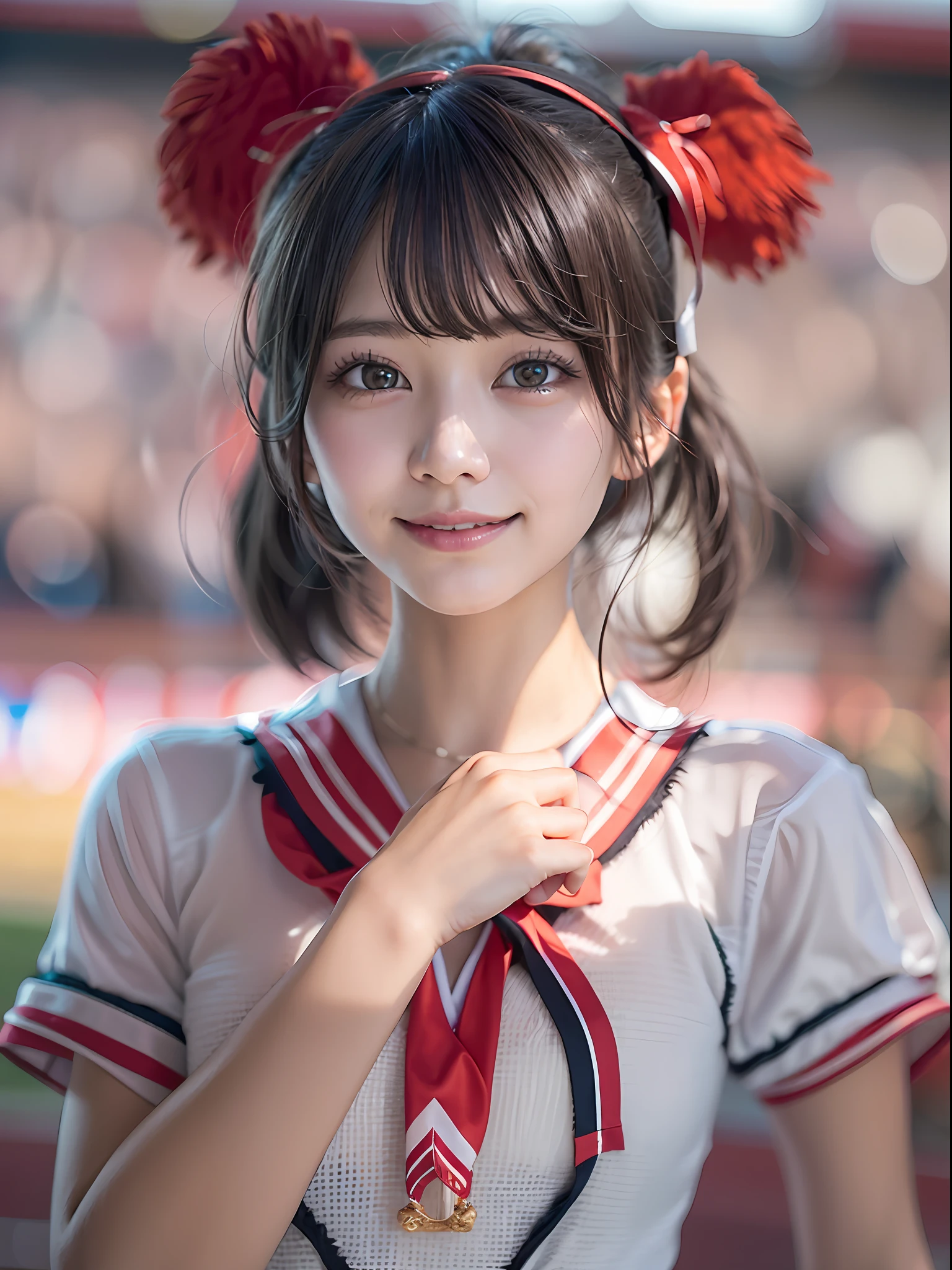 Holding a pom-pom in the stadium、Alafed Asian cheerleader posing dynamically with one leg raised:1 person:there is nobody else、A darK-haired、a closeup、cosplay foto、large full breasts、Realistic 18-year-old live shot, top-quality, hight resolution, (​masterpiece), (Photorealsitic:1.4), professional photograpy, sharp focus, nffsw, 8K resolution, intricate detailes,  depth of fields, the Extremely Detailed CG Unity 8K Wallpapers, front lit, FEMALES, girl with, beautiful supermodel, A smile、A slender、Small Cheer Uniform、Sailor suit style
