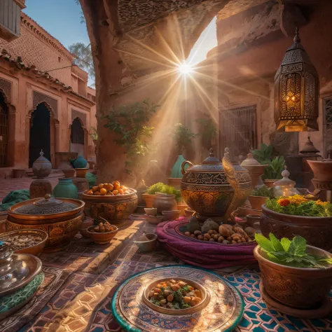 moroccan medina, jemaa el fna, sunrays, sunny day, tagine meal on rooftop, moroccan tea and mint, masterpiece, best quality, ult...