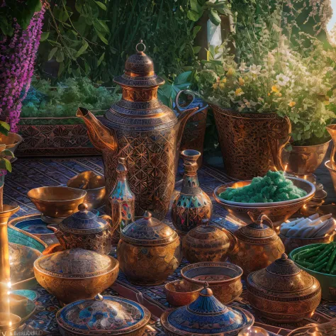 Moroccan medina, Jemaa el fna, sunrays, sunny day, tagine meal on rooftop, Moroccan tea and mint, masterpiece, best quality, ult...