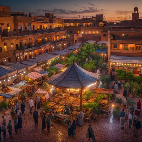 moroccan medina, jemaa el fna, sunset, tagine meal on balcony, moroccan tea and mint, masterpiece, best quality, ultra high res,...