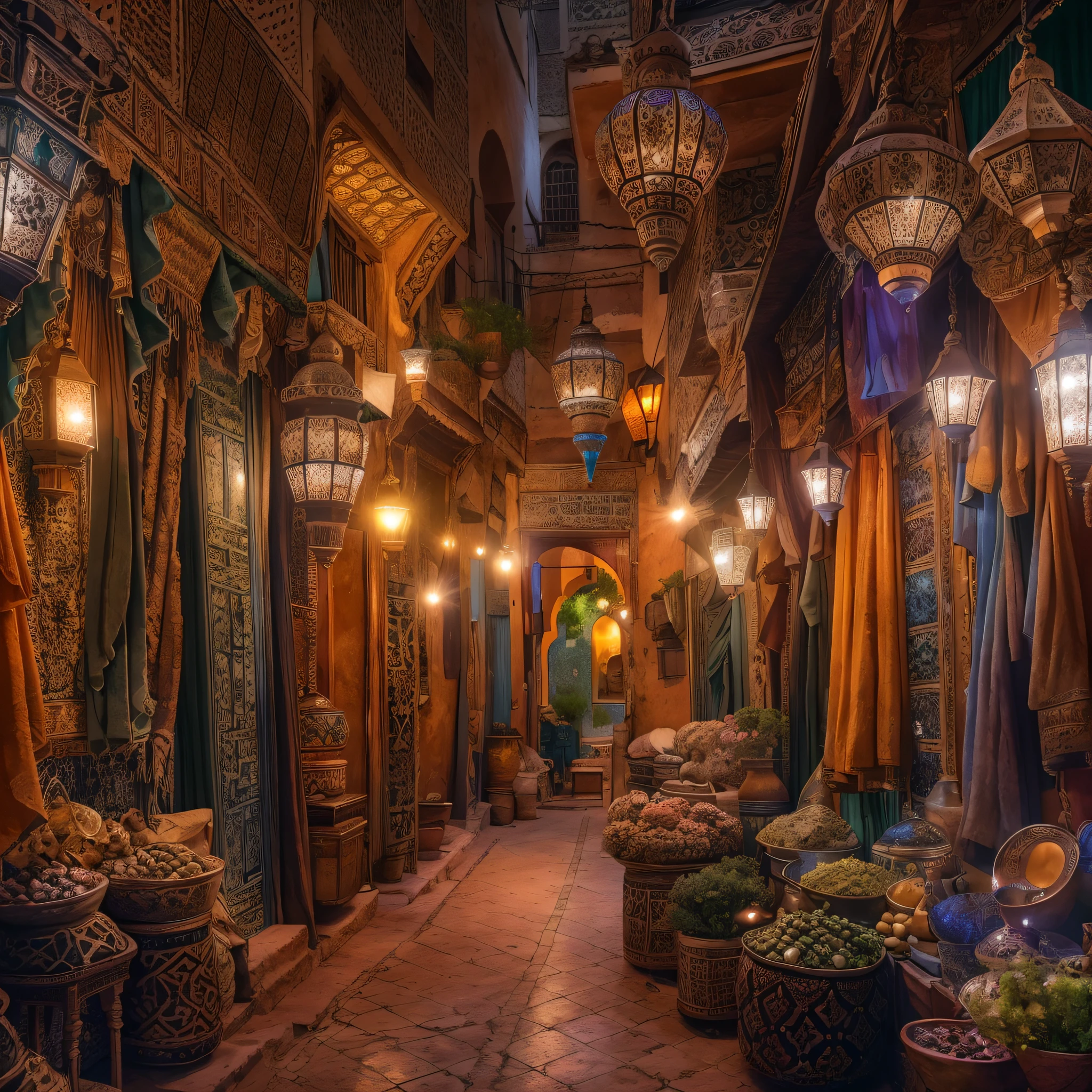 Moroccan medina, Amazigh clothes, tourists in souk, masterpiece, best quality, ultra high res, RAW, ((Riad)), Marrakech, Marrakesh, Moroccan lamps, (Photoluminescence), blooming flowers, clear, Cinematic RAW photo, hyper real photo, ultrarealistic, 8k uhd, dslr, soft lighting, high quality, film grain, Fujifilm XT3, photographed on a Kodak Retina II Sanyo Xacti VPC-CA6, 50mm lens, Wide Angle, HDR, hyper-realistic, colorgraded, volumetric lighting, [volumetric fog, moist], shallow depth of field, reflections, photo, (sparkling), glistening, (iridescent), glimmering, shimmering, mystical, enchanting, glittering, Morocco, exotic, (masterpiece) (best quality) (detailed) (8k) (HDR) (wallpaper) (cinematic lighting) (sharp focus) (intricate), romantic, olives