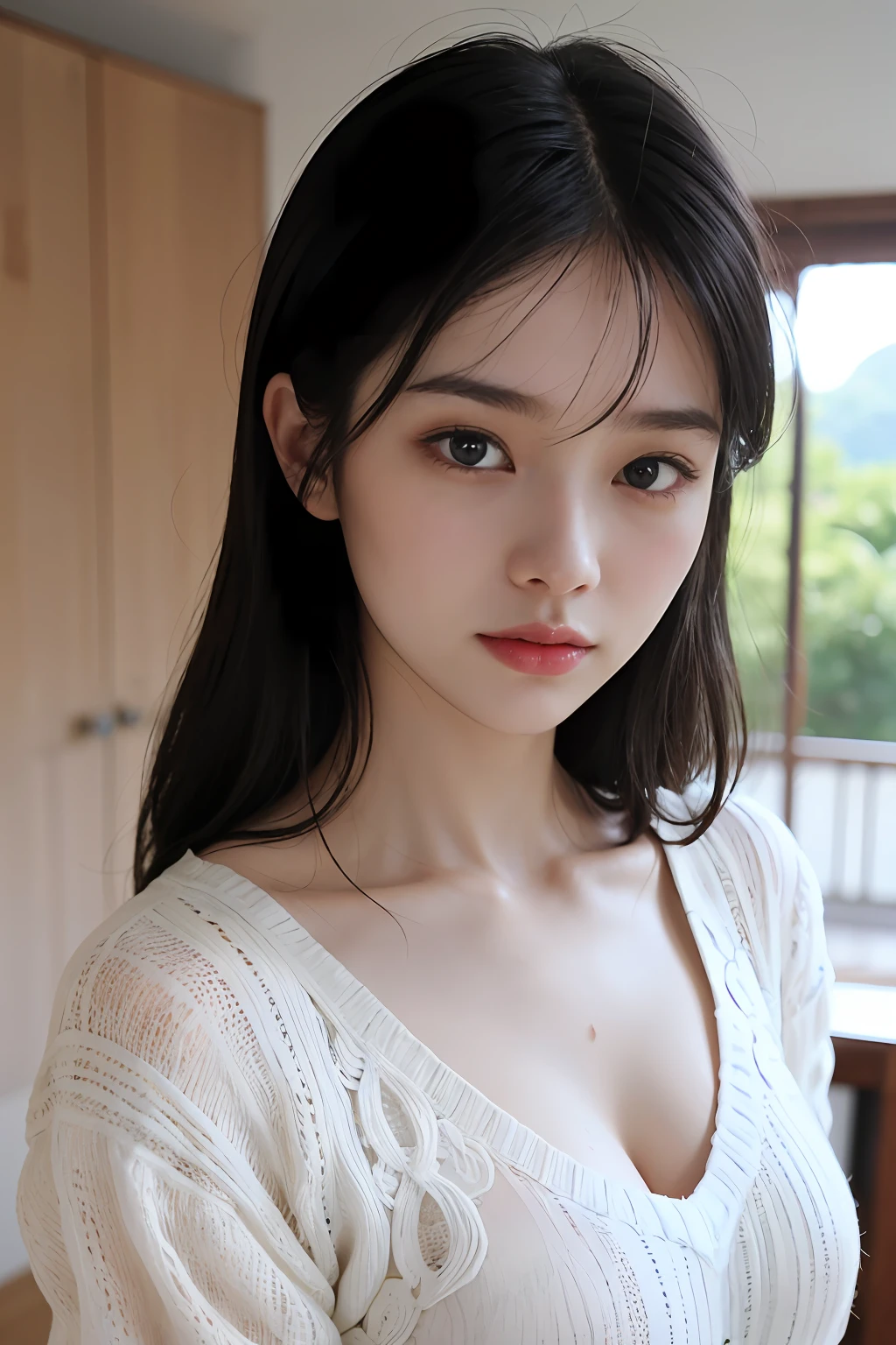 "Masterpieces of photography, Top quality and ultra-detailed appearance. Japan student woman looking young, Present sensual nuances, Please wear transparent clothing and wet knitwear, The background may be blurry, however、The main image must be clear and clear. (1 girl), Blue eyes, Long Black Hair, Modern and gentle hairstyle. Close-ups of your skin should emphasize the richness of details. Context optimization、It is necessary to strengthen its characteristics."