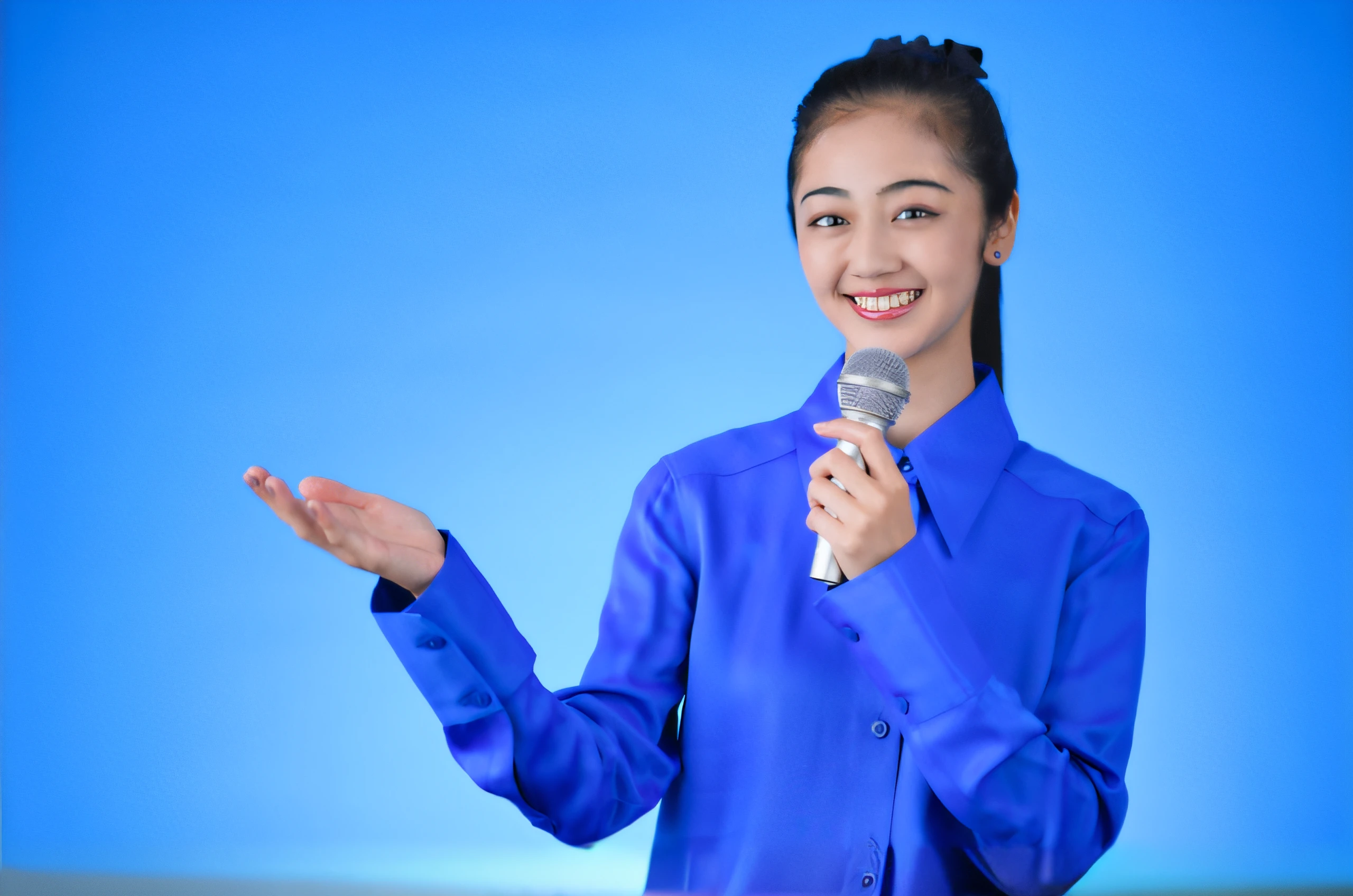 Arafed woman in blue shirt holding a microphone and smiling - SeaArt AI