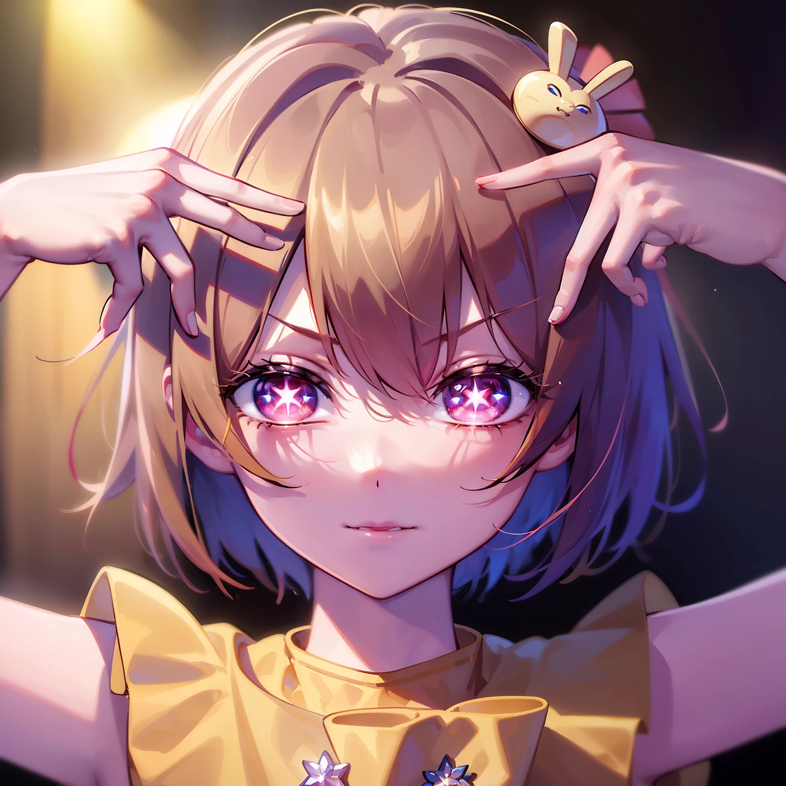 best quality, 4k, ((masterpiece)), extremely detailed, 8k, Hoshino, High Detail, Sharp focus, 1girl, solo, short hair, short-beige colored hair, crimson eyes, ((detailed eyes)), having a well-endowed figure, star-shaped pupils, hair ornament, idol, on stage