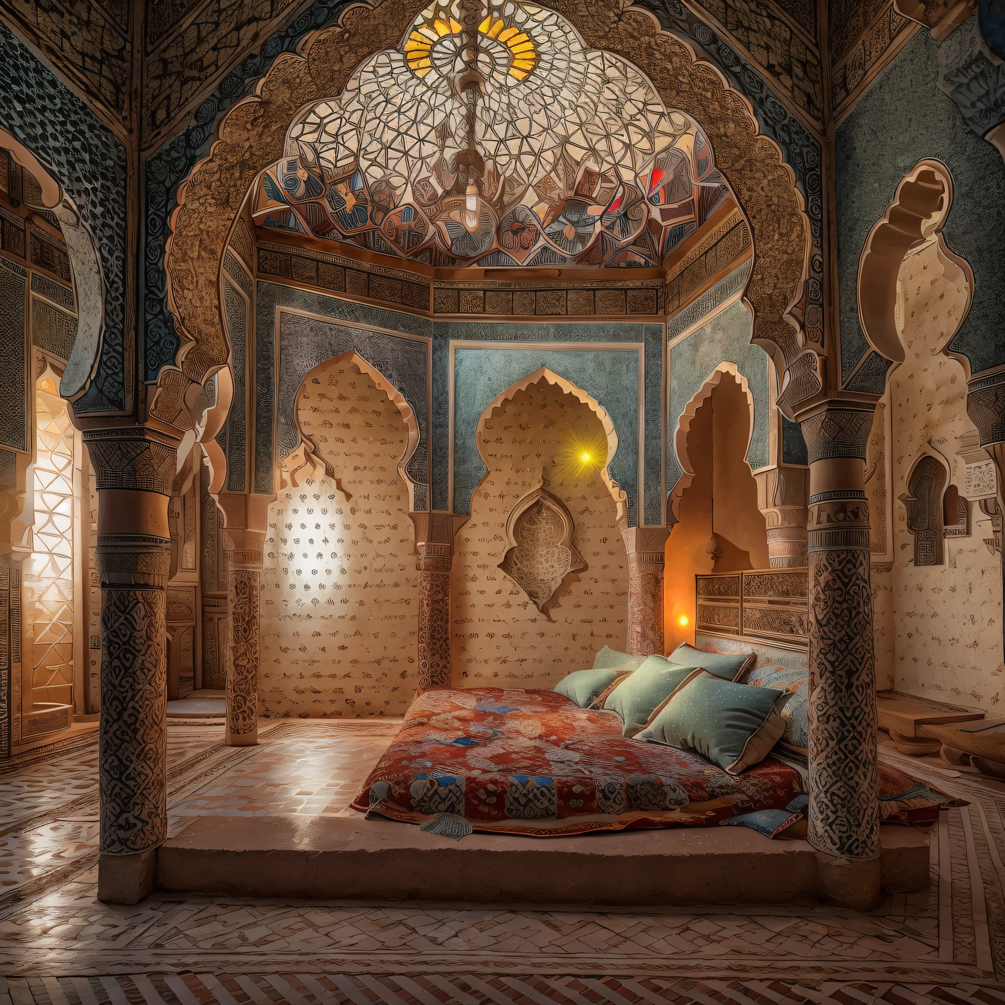 Marokkanisches Bett, Amazigh-Kissen, Palast-Schlafzimmer, Meisterwerk, beste Qualität, ultrahohe Auflösung, roh, ((Riad)), Marrakesch, Marrakesch, marokkanische Lampen, (Photolumineszenz), blühende Blumen, klar, Cinematic roh Foto, hyper real Foto, ultrarealistisch, 8k uhd, dslr, sanfte Beleuchtung, gute Qualität, Filmkorn, Fujifilm XT3, Fotographed on a Kodak Retina II Sanyo Xacti VPC-CA6, 50mm lens, weiter Winkel, HDR, Hyperrealistisch, Farbverlauf, volumetrische Beleuchtung, [volumetrischer Nebel, feucht], geringe Schärfentiefe, Reflexionen, Foto, (Funkelnd), glitzernd, (irisierend), glimmering, shimmering, mystisch, Zauberhaft, glänzend, Marokko, exotisch, (Meisterwerk) (beste Qualität) (ausführlich) (8k) (HDR) (Hintergrund) (filmische Beleuchtung) (scharfer Fokus) (kompliziert), romantisch