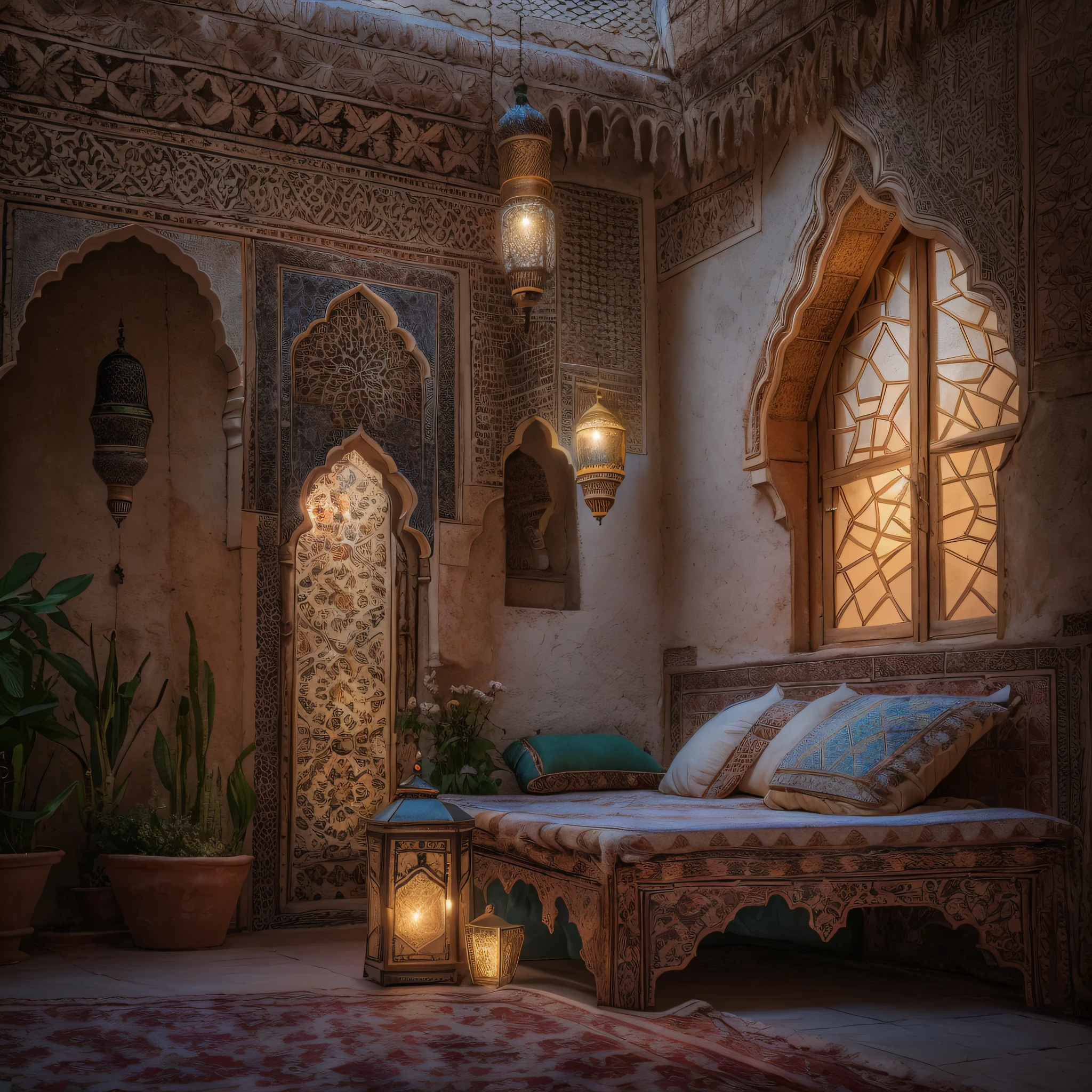 Moroccan bed, Amazigh pillows, palace bedroom, masterpiece, best quality, ultra high res, RAW, ((Riad)), Marrakech, Marrakesh, Moroccan lamps, (Photoluminescence), blooming flowers, clear, Cinematic RAW photo, hyper real photo, ultrarealistic, 8k uhd, dslr, soft lighting, high quality, film grain, Fujifilm XT3, photographed on a Kodak Retina II Sanyo Xacti VPC-CA6, 50mm lens, Wide Angle, HDR, hyper-realistic, colorgraded, volumetric lighting, [volumetric fog, moist], shallow depth of field, reflections, photo, (sparkling), glistening, (iridescent), glimmering, shimmering, mystical, enchanting, glittering, Morocco, exotic, (masterpiece) (best quality) (detailed) (8k) (HDR) (wallpaper) (cinematic lighting) (sharp focus) (intricate), romantic